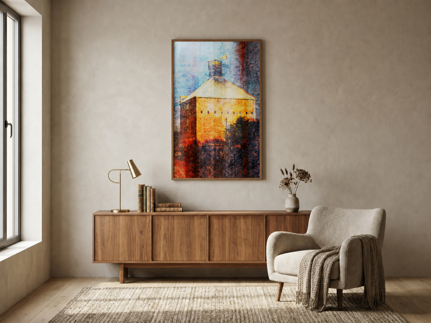 Weathered Brick Building with Vane shown framed above a warm timber console in a refined residential lounge room.