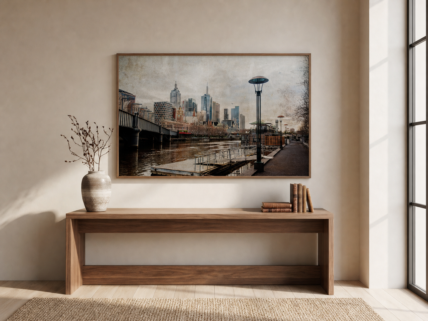 Riverside Skyline and Landing shown framed above a console table in a calm, light-filled lounge room.
