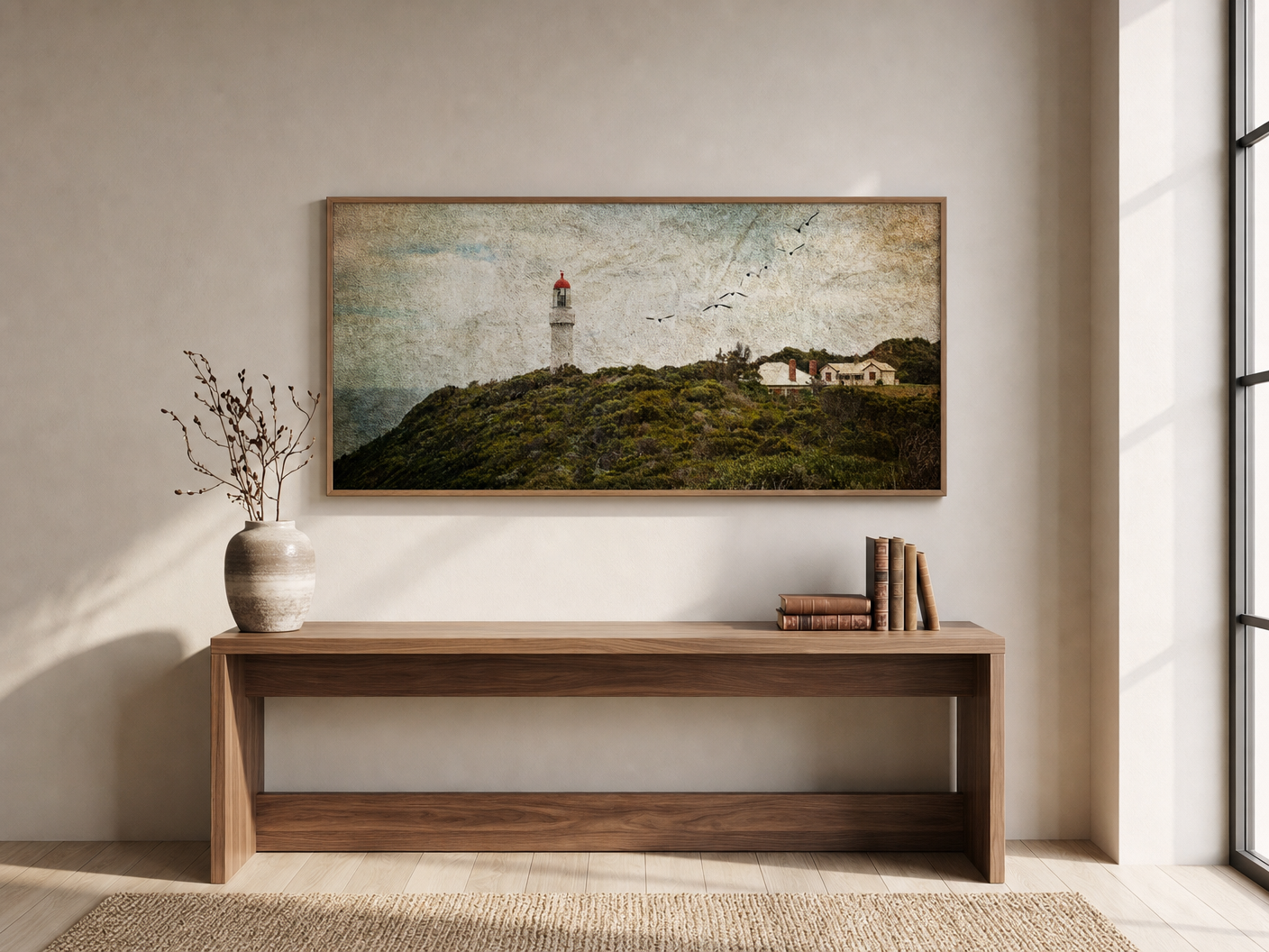 Lighthouse on Coastal Rise shown framed in a premium lounge room with soft daylight and restrained natural finishes.