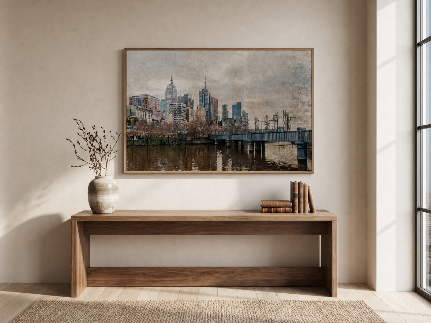 River Bridge and City Edge shown framed in a calm editorial lounge room with warm natural light.