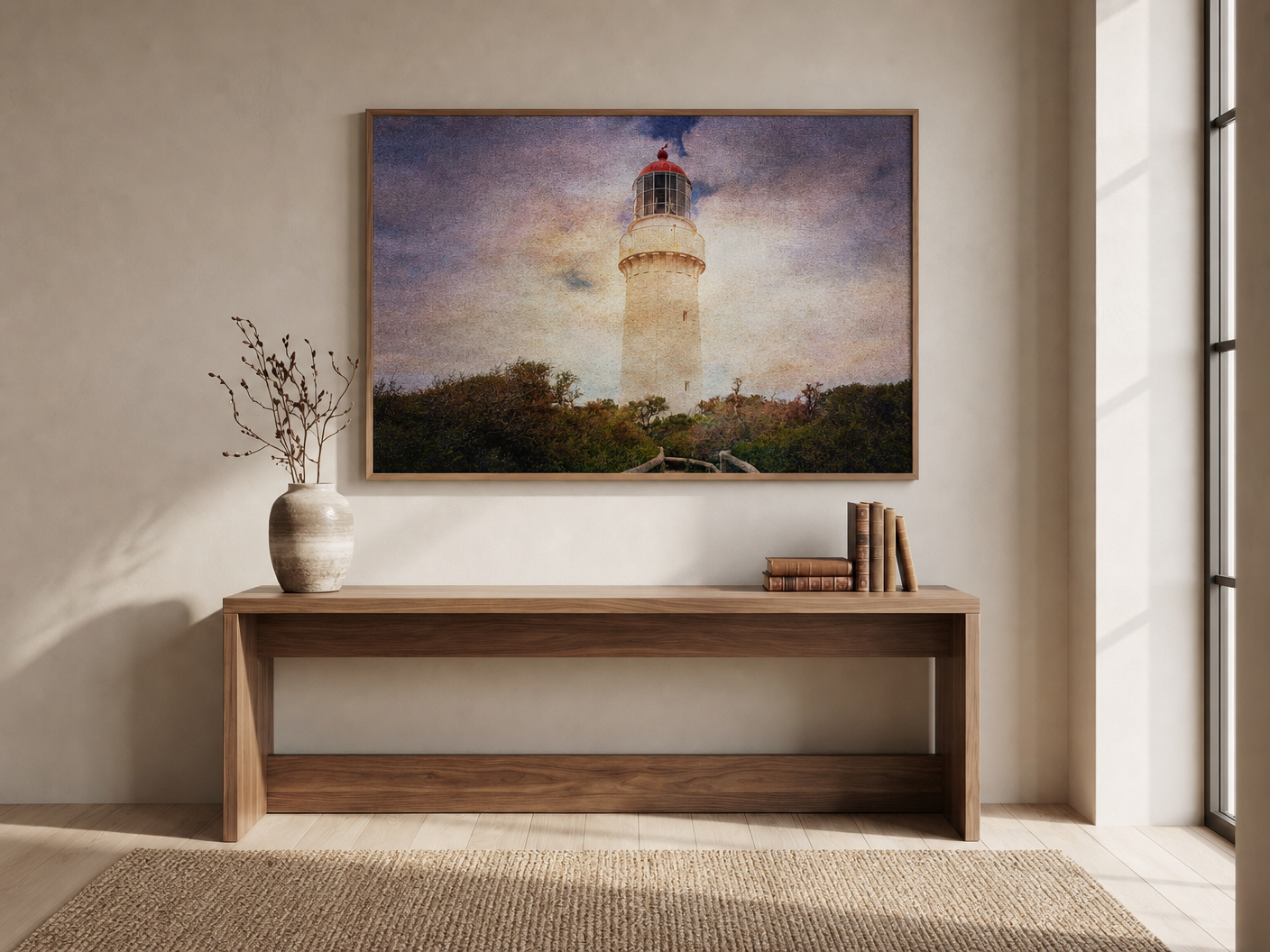 White Lighthouse Approach shown framed on the wall of a refined lounge room with a slim vertical placement.
