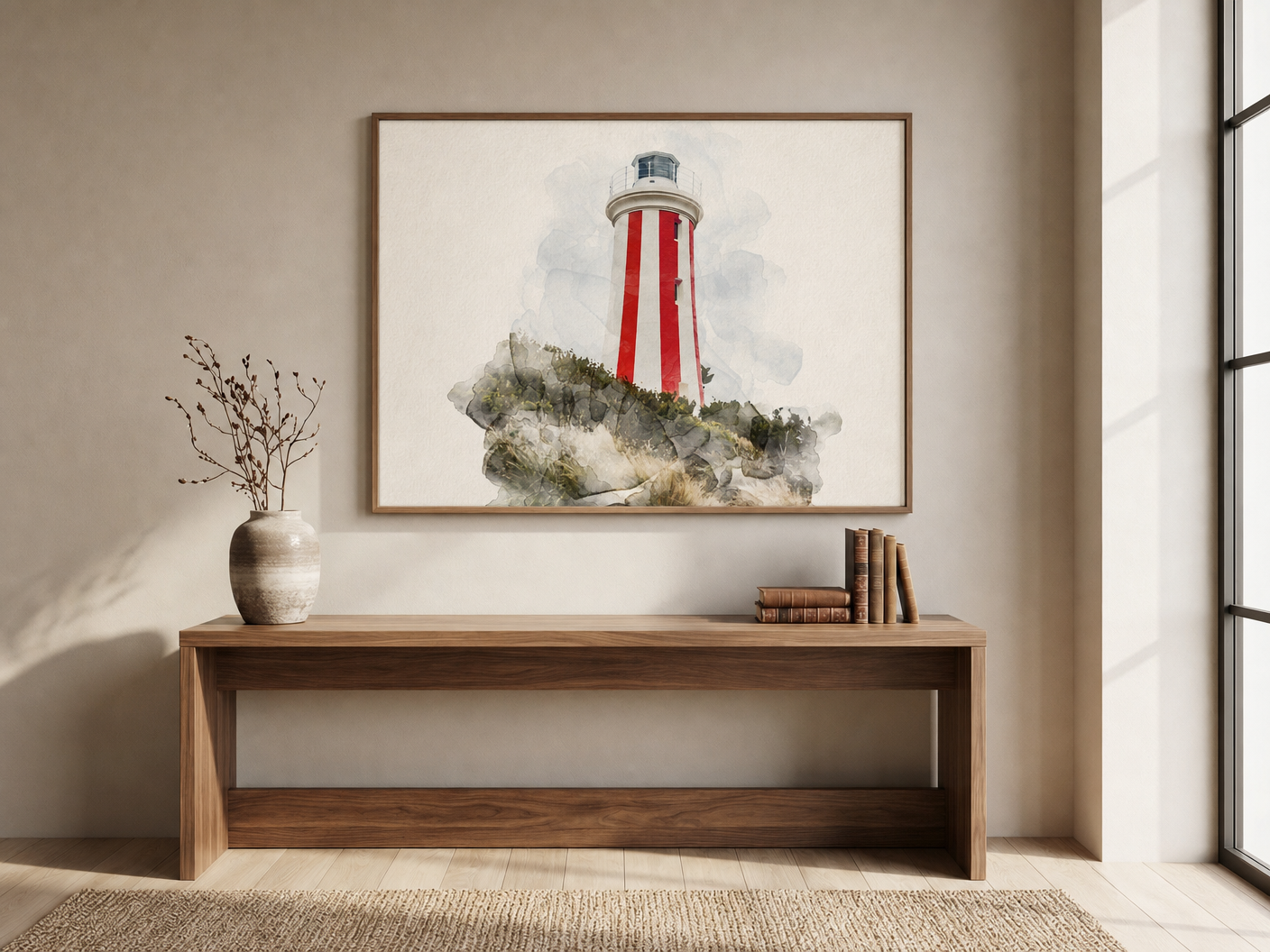 Striped Lighthouse Study shown framed in a warm minimalist lounge room with natural daylight.
