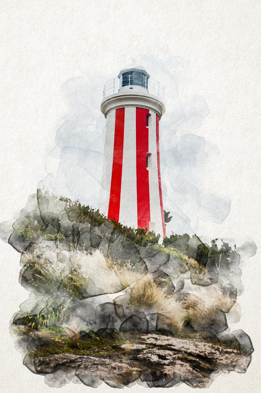 A red and white striped lighthouse standing above a scrub-covered cliff under a pale sky.