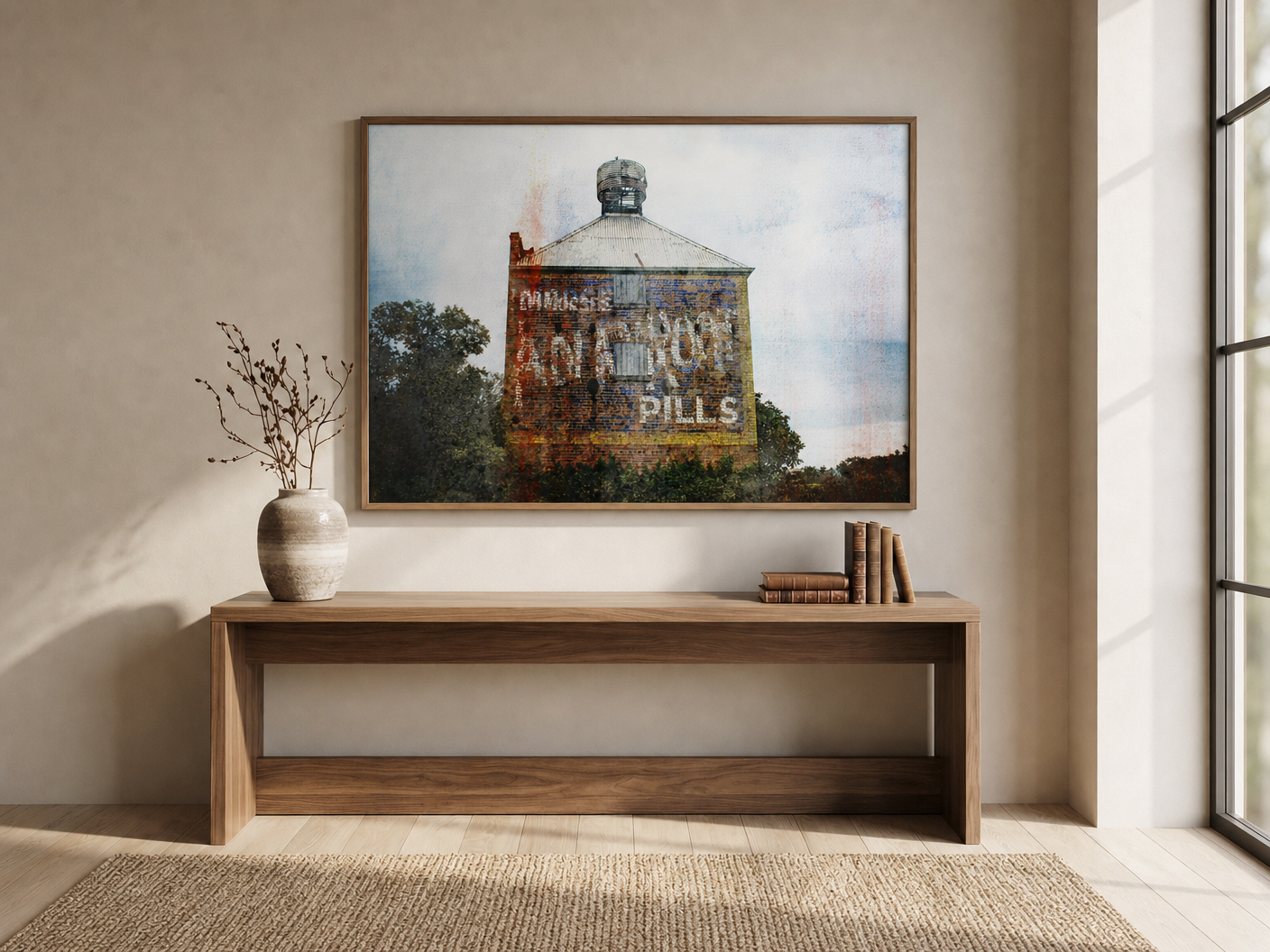 Ghost Sign Brick Storehouse shown framed above a timber console in a premium lounge room.