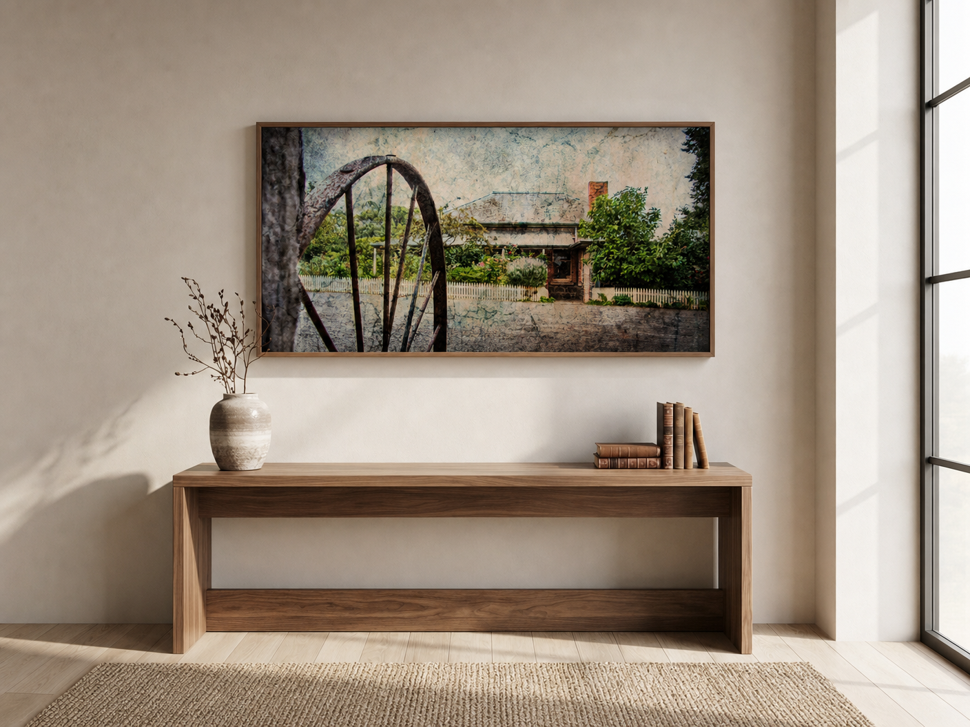 Homestead Through Wagon Wheel shown framed in a calm residential lounge room with soft daylight.