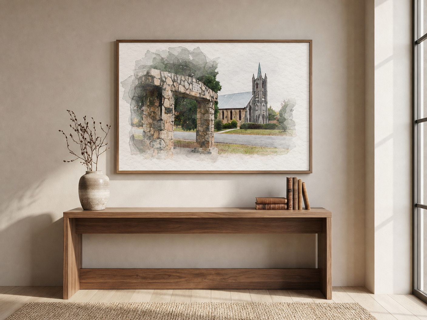 Stone Arch and Church Beyond shown framed above a warm timber console in a refined lounge room.
