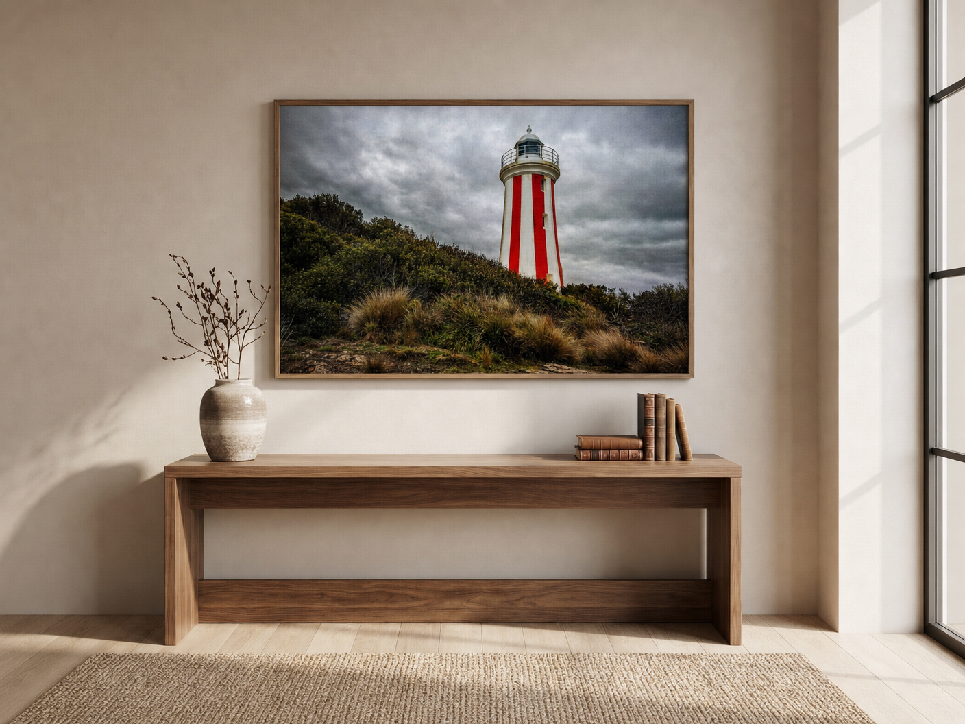 Striped Lighthouse in Storm Light shown framed in a premium lounge room with restrained natural finishes.