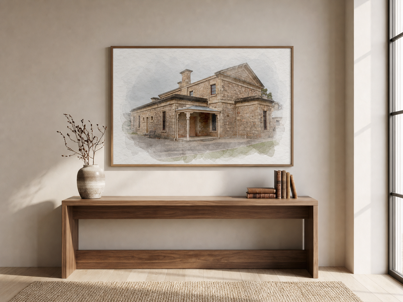 Historic Stone Building with Verandah shown framed above a timber console in a premium lounge room.
