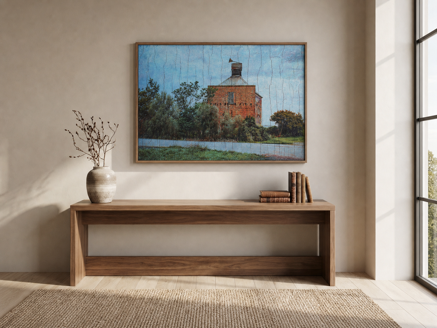 Brick Outbuilding with Water Tank shown framed above a timber console in a calm residential lounge room.