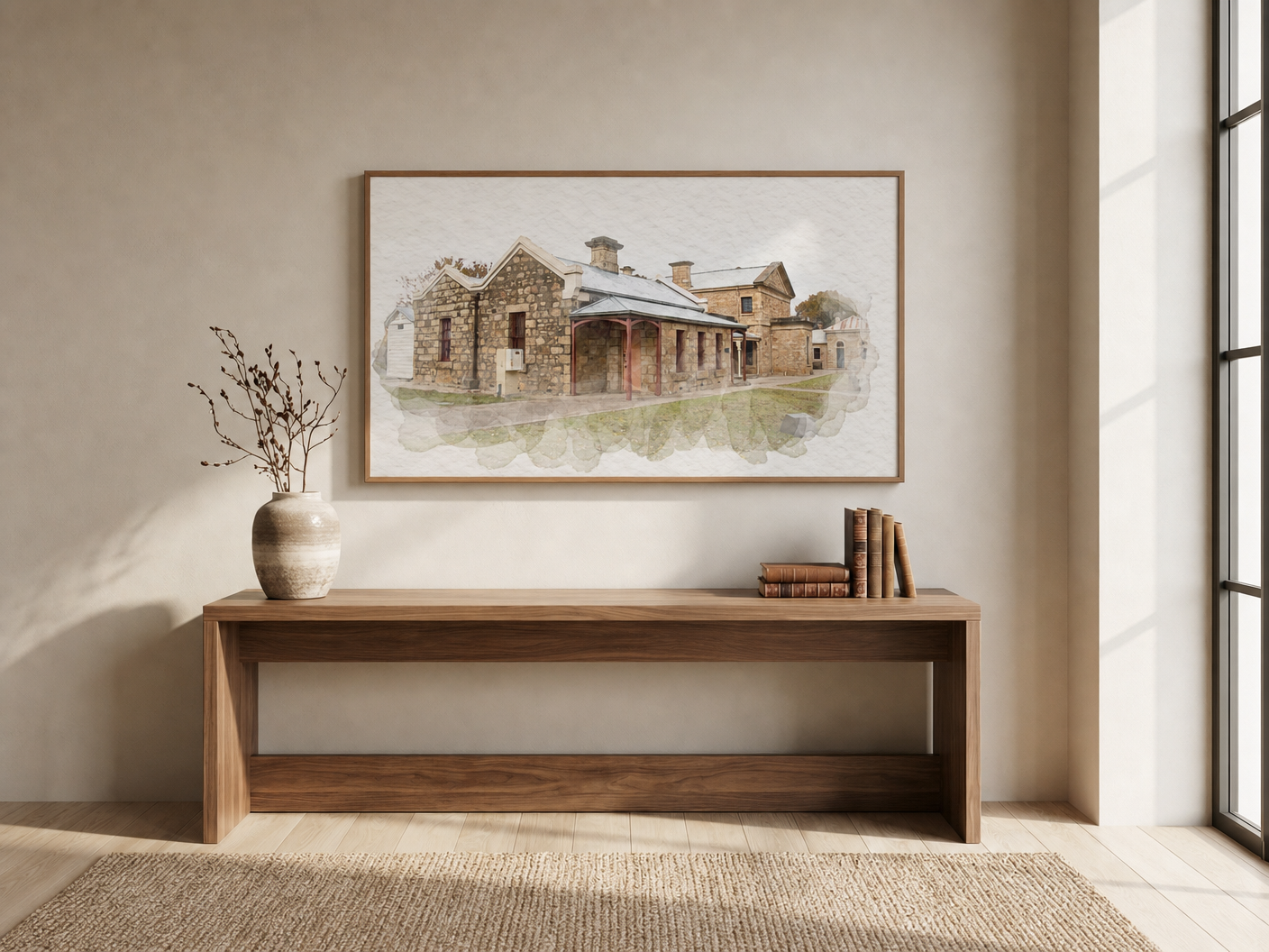 Stone Homestead Group shown framed in a premium lounge room with a warm timber console and soft daylight.